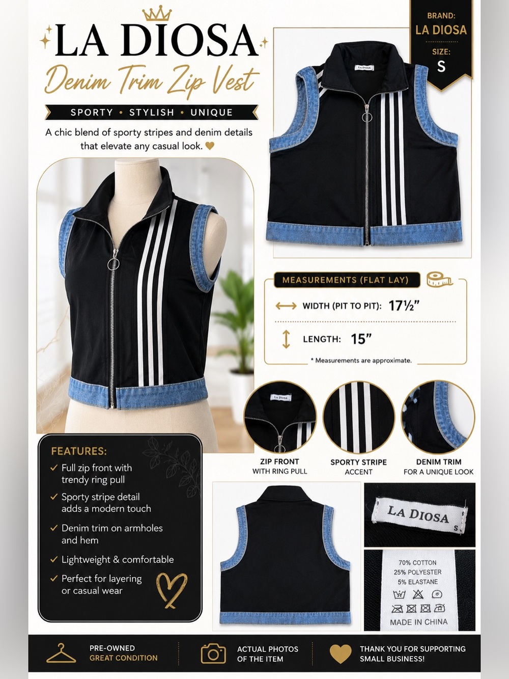 LA DIOSA Women’s Small Black Denim Trim Full Zip Sleeveless Vest Striped